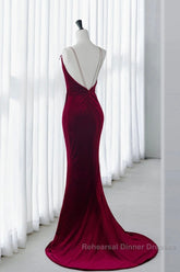 Mermaid Backless Velvet Burgundy Long Semi Formal Prom Dress With Beads